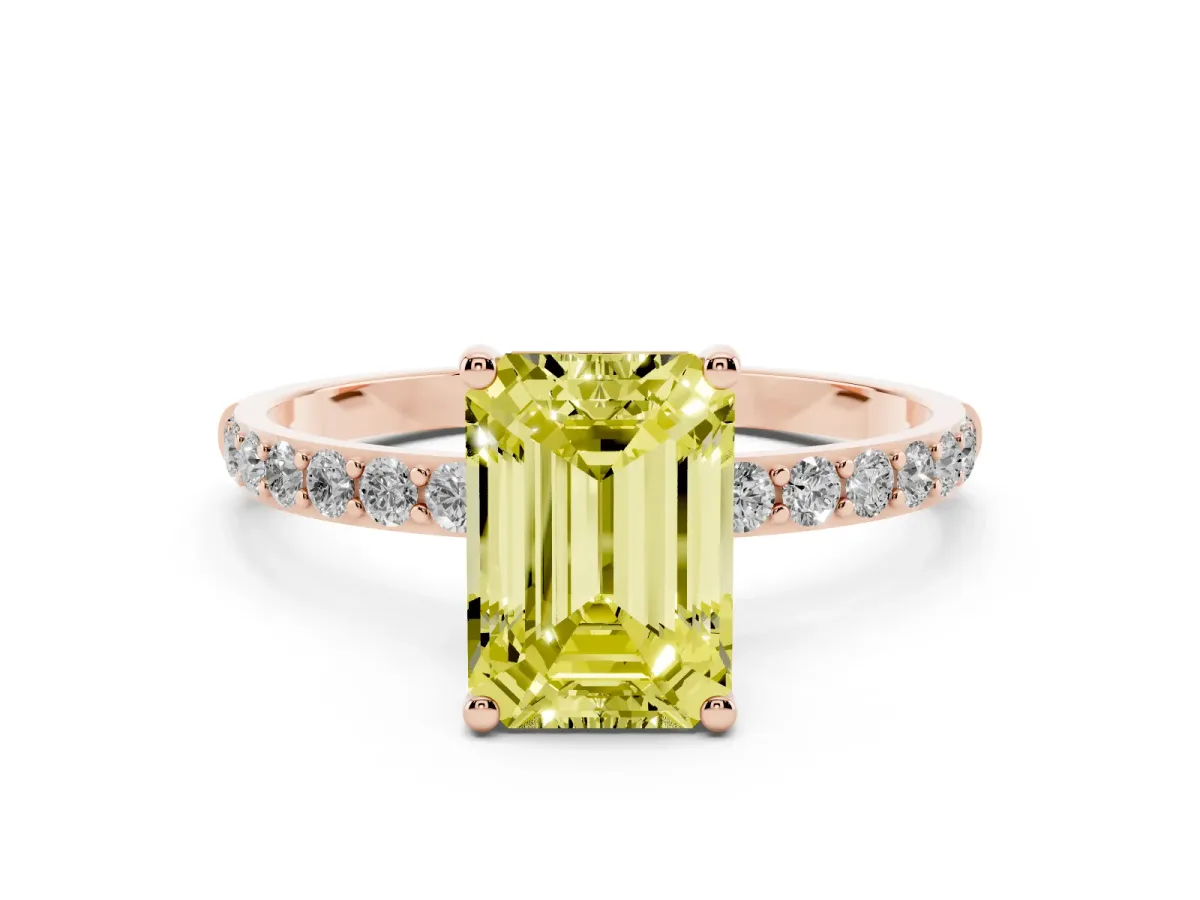 Fancy Yellow Emerald Cut Diamond Solitaire Ring with Round Pavé Shoulders and Prong Setting Rose gold