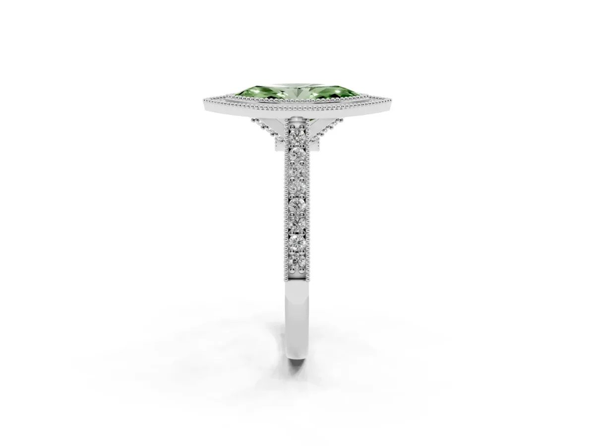 Fancy Green Halo Marquise Cut-Cut Diamond Pave Band Milgrain Prong Setting Ring White gold
