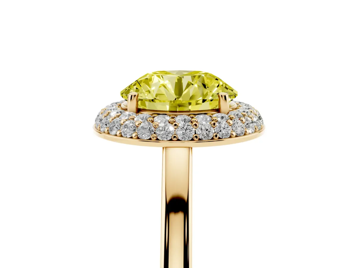 Fancy Yellow Round Cut Halo Diamond Engagement Ring with Solitaire Band and Four-Prong Setting Yellow gold