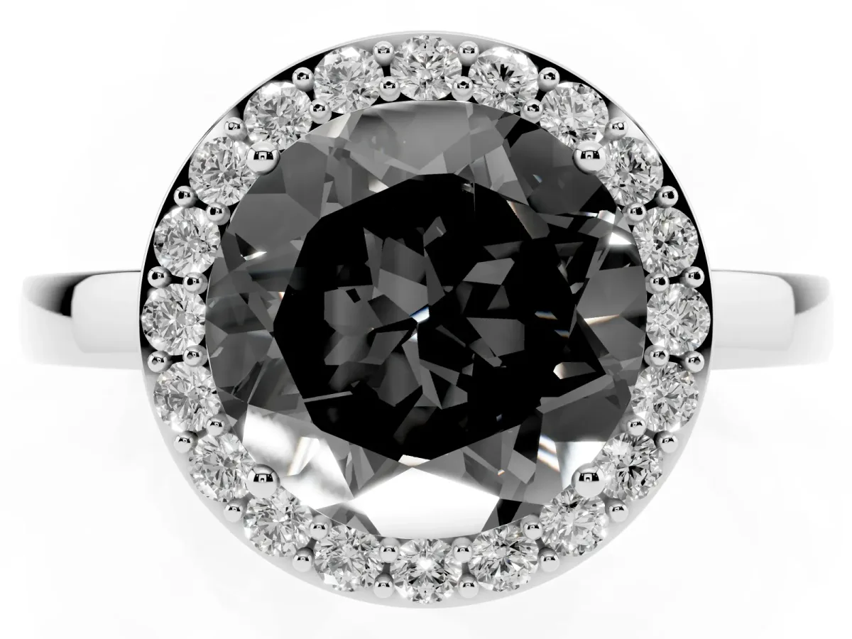 Fancy Black Round Cut Halo Diamond Ring with Solitaire Band and Prong Setting Silver