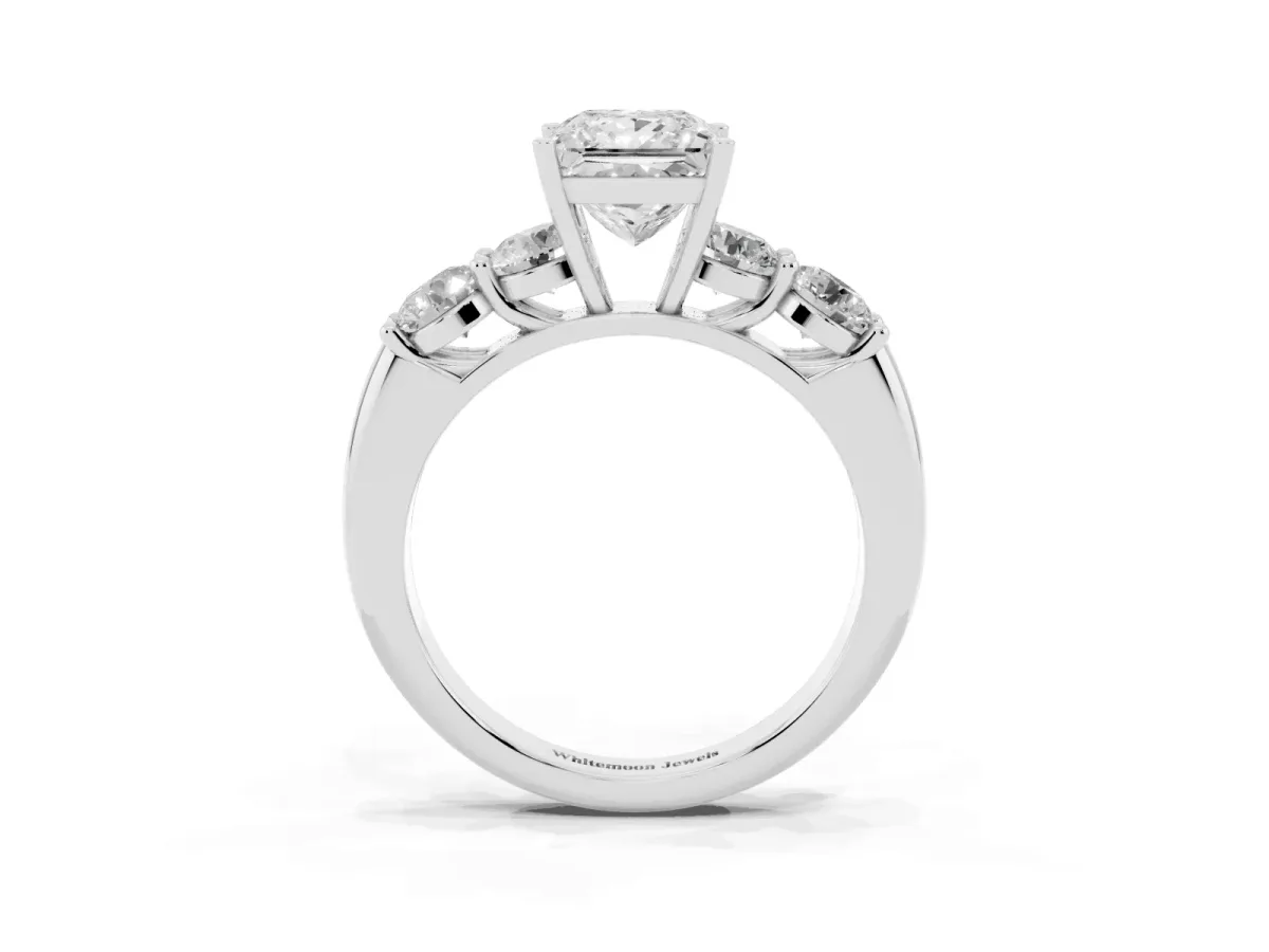 Princess Cut Cut Five-Stone Prong Set Diamond Ring with Classic Band Silver