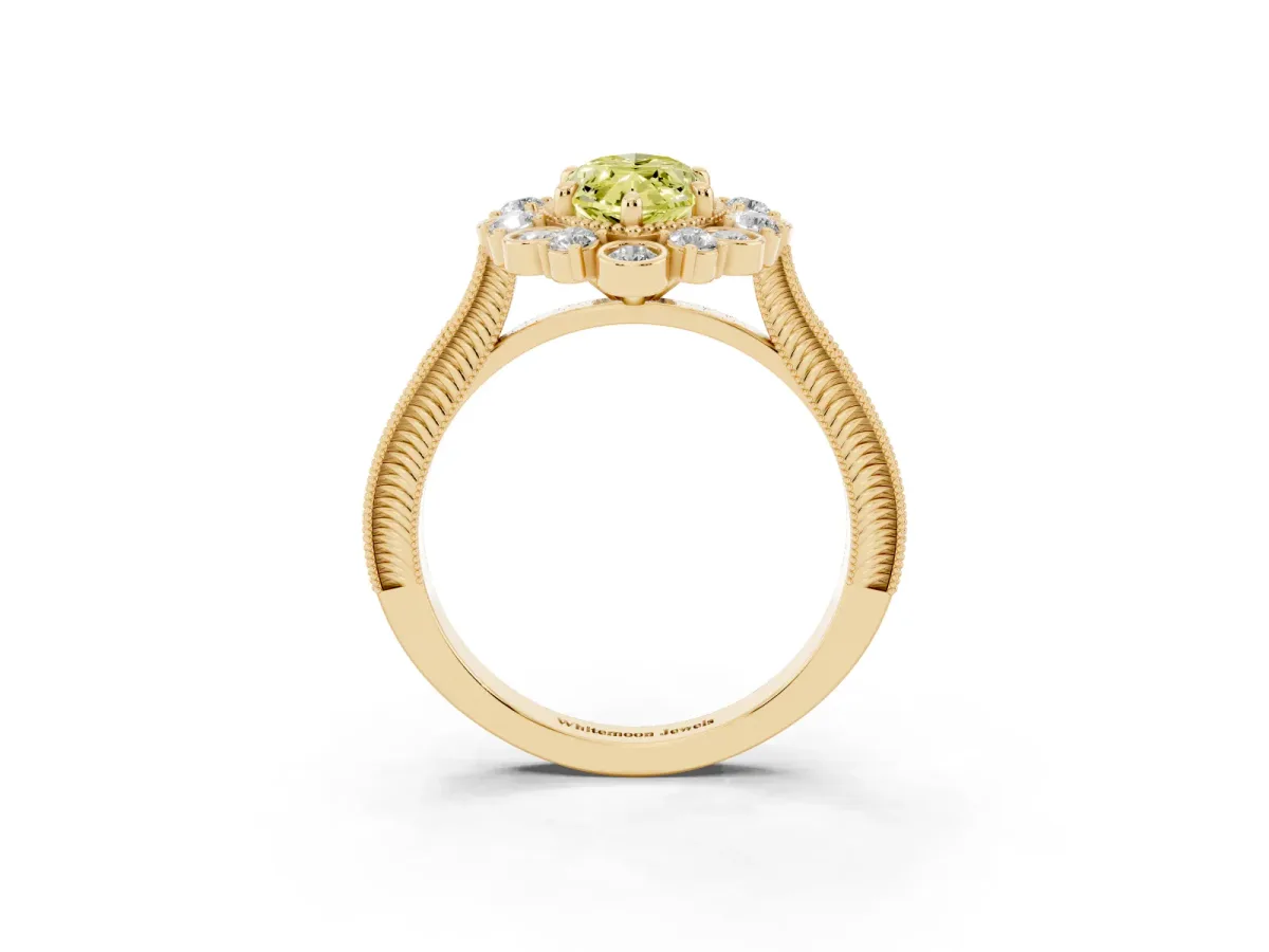 Fancy Yellow Marquise Cut Halo Milgrain Pave Diamond Ring with Four-Prong Setting Yellow gold