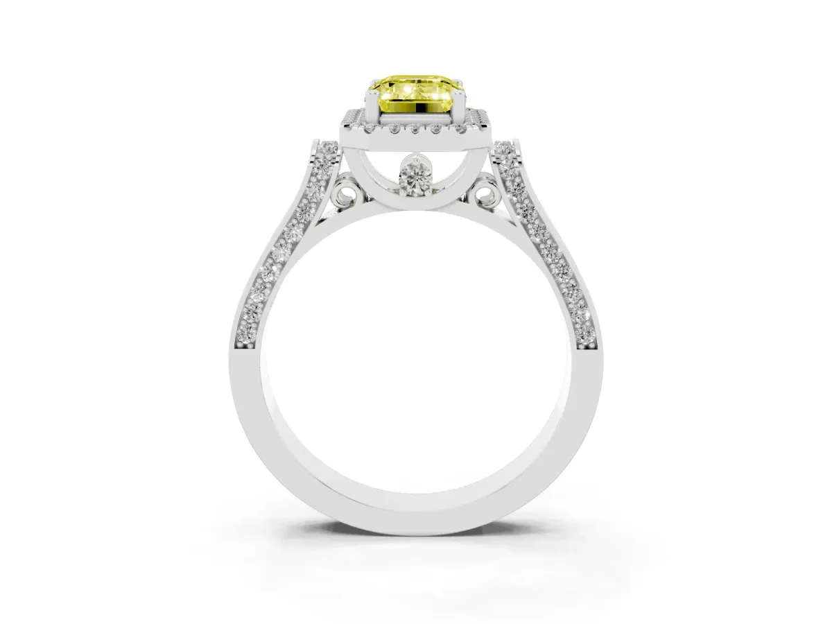 Fancy Yellow Emerald Cut Halo Pave Split Shank Prong Setting Ring Platinum