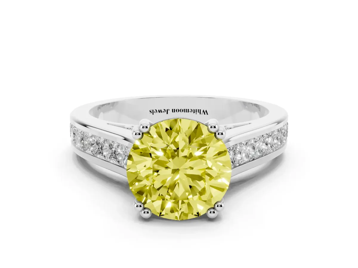 Fancy Yellow Round Cut Cut Channel Set Solitaire Engagement Ring with Prong Setting Platinum