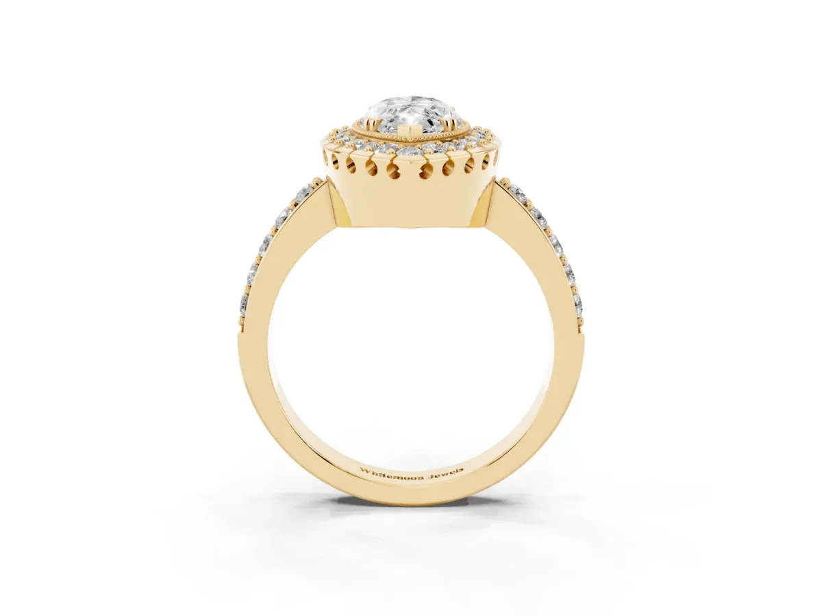 Marquise Cut Diamond Halo Ring with Pavé Band and Prong Setting Yellow gold