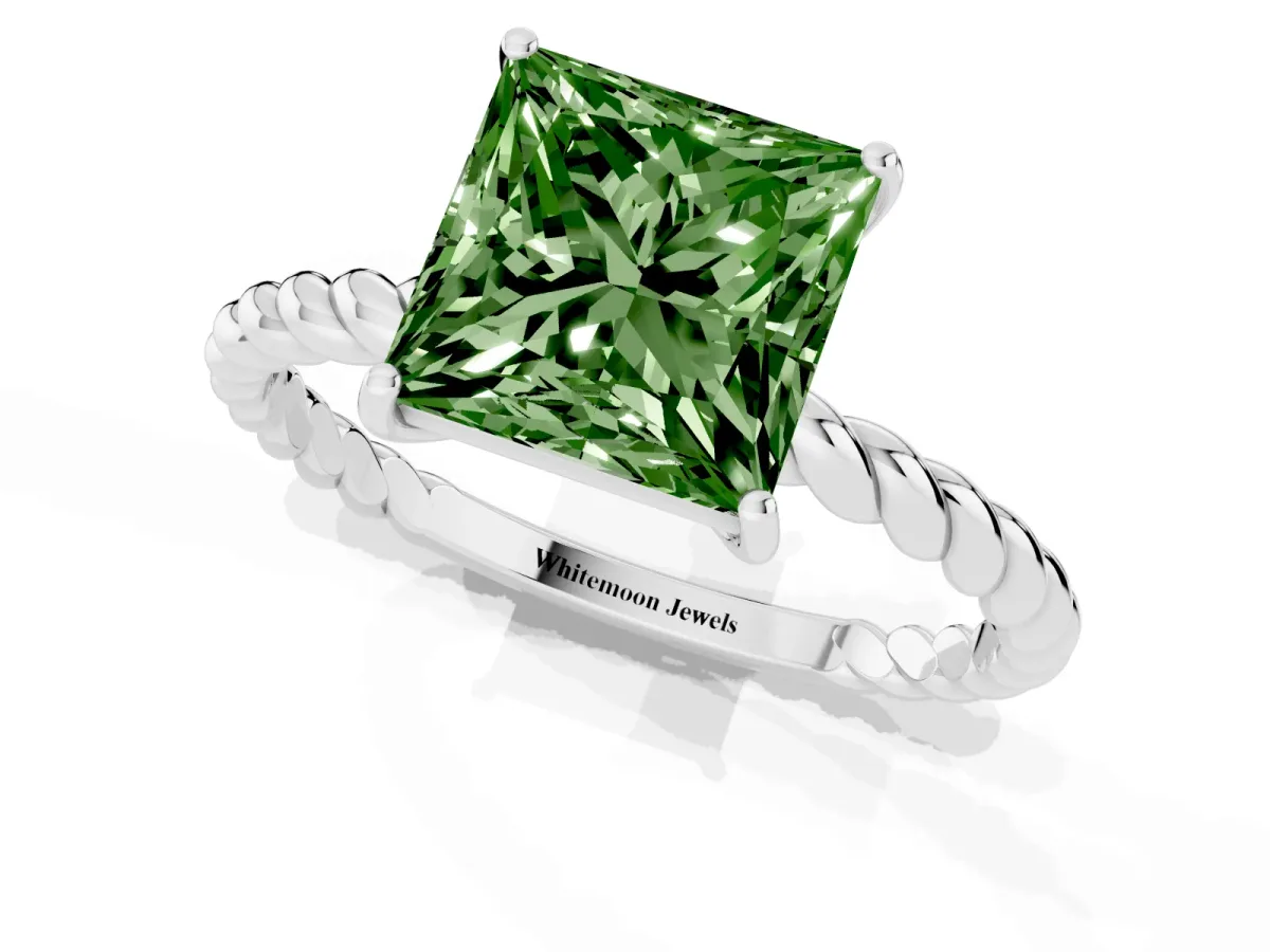 Fancy Green Princess Cut Solitaire Twisted Band 4-Prong Ring Platinum