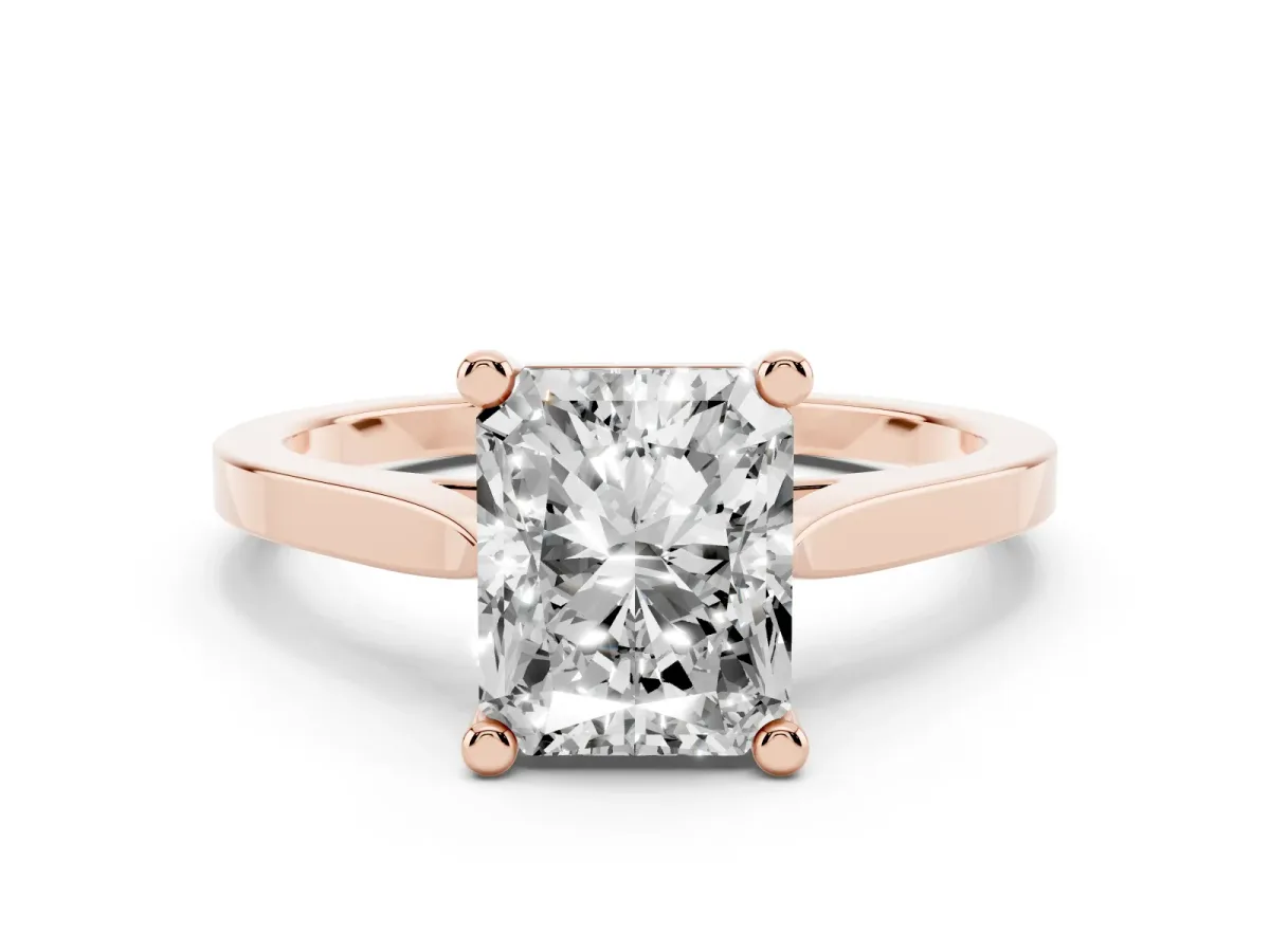 Radiant Cut Solitaire Diamond Ring with Four-Prong Setting and Tapered Band Rose gold