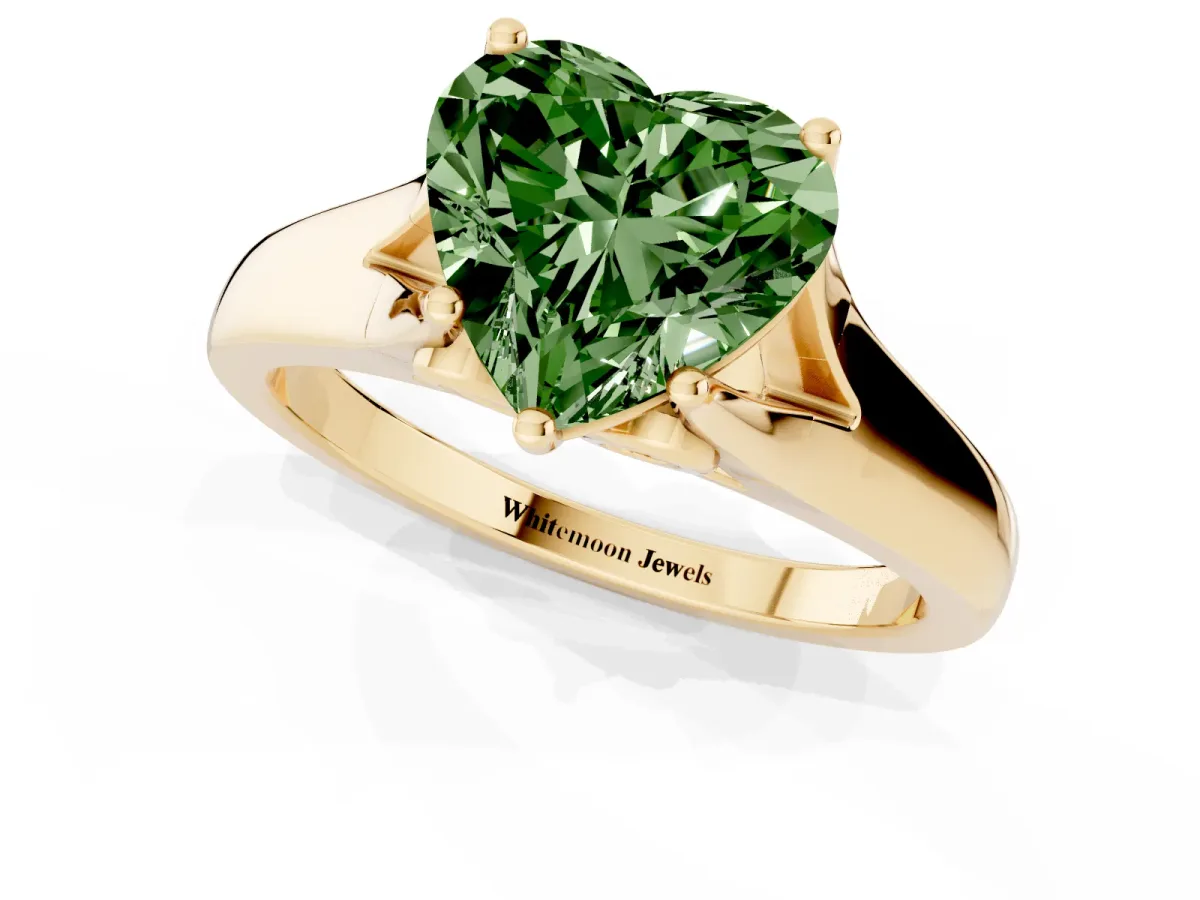 Fancy Green Heart Cut Solitaire Diamond Ring with Cathedral Band and Four-Prong Setting Yellow gold