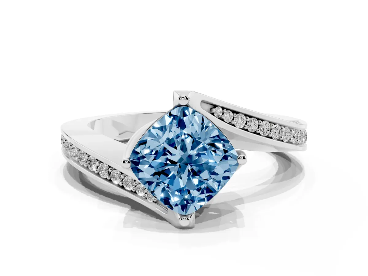 Fancy Blue Cushion Cut Solitaire Diamond Twist Band with Pavé Setting and Four-Prong Setting White gold