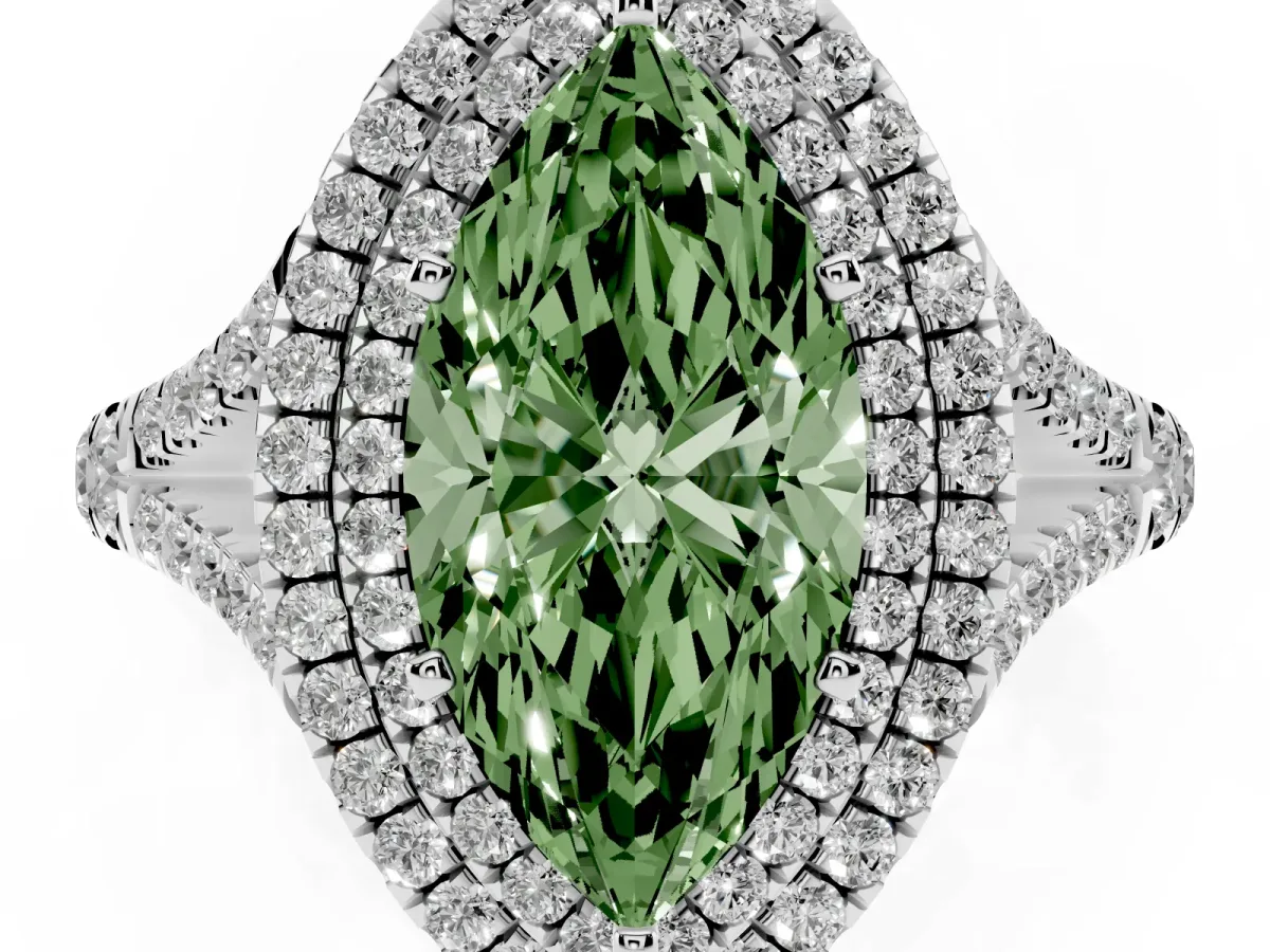 Fancy Green Marquise Cut Diamond Pavé Split Shank Double Halo Engagement Ring Silver