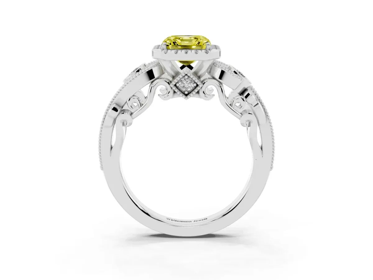 Fancy Yellow Asscher Cut Halo Diamond Ring with Milgrain and Bezel Accents on a Split Shank Band Platinum
