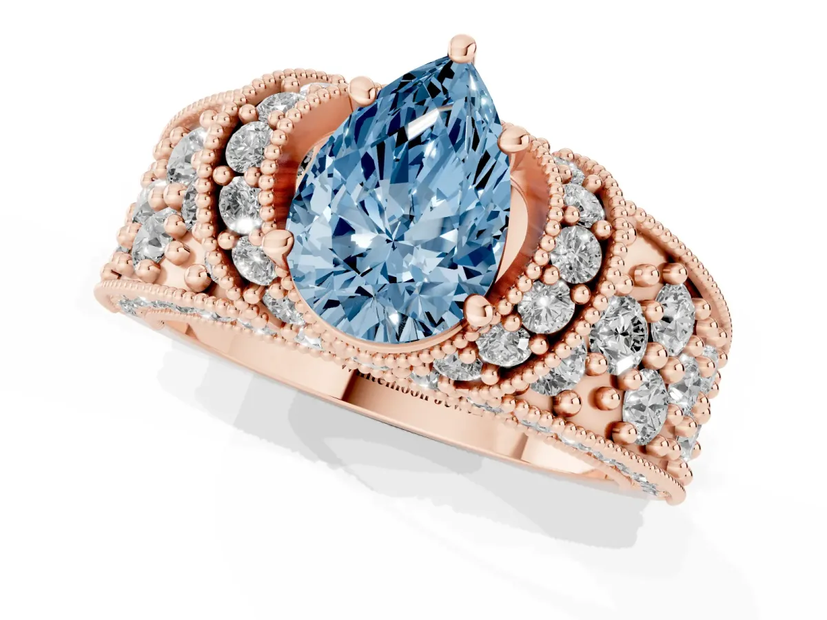 Fancy Blue Pear Cut Halo Pave Diamond Engagement Ring with Milgrain Detailing Rose gold