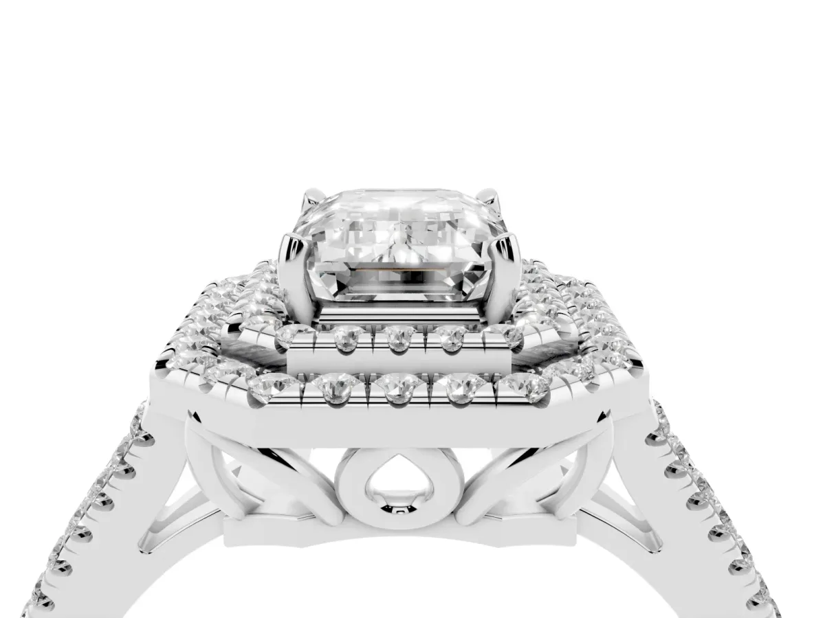 Emerald Cut Diamond Double Halo Ring with Pavé Band and Prong Setting Silver