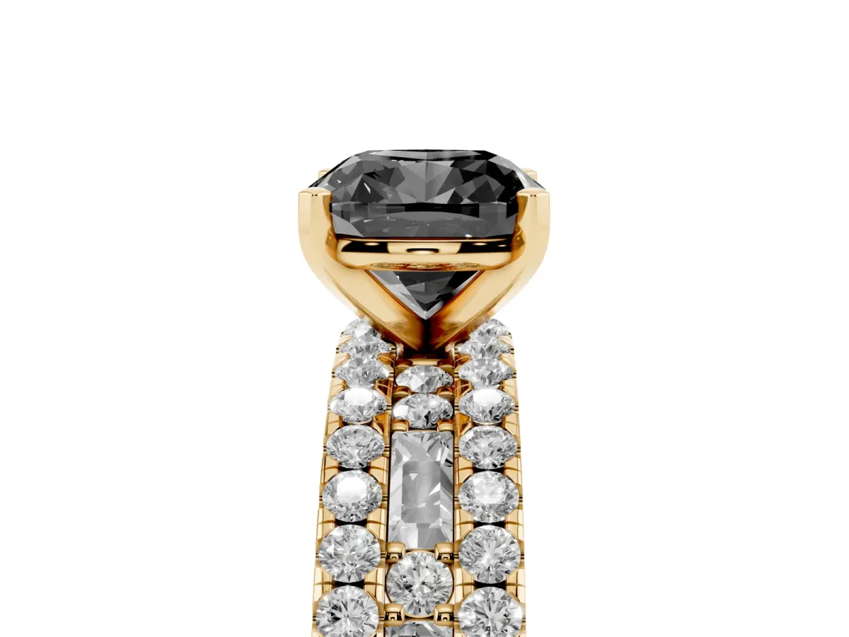 Fancy Black Cushion Cut Diamond Solitaire Ring with Pavé and Channel Set Band Yellow gold