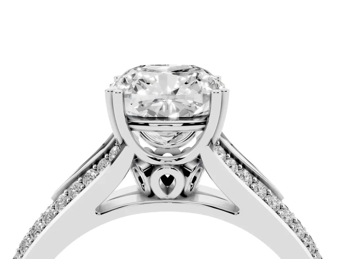 Cushion Cut Diamond Split Shank Engagement Ring with Pavé Band White gold