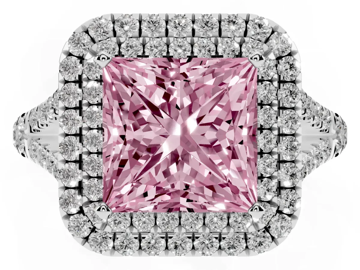 Fancy Pink Princess Cut Diamond Pavé Split Shank Double Halo Engagement Ring Silver