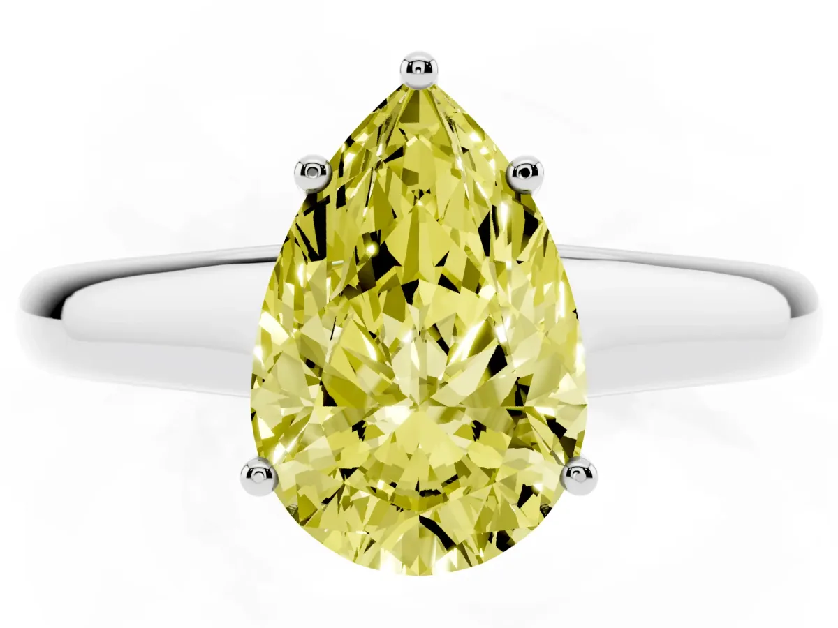 Fancy Yellow Pear Cut Solitaire Engagement Ring with Tapered Band and Four-Prong Setting Silver