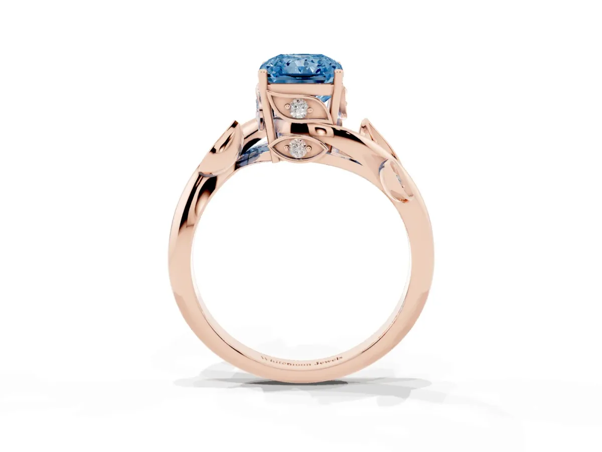 Fancy Blue Radiant Cut Solitaire Twist Engagement Ring with Leaf Accents and Prong Setting Rose gold