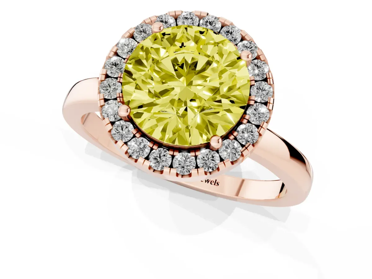 Fancy Yellow Round Cut Halo Diamond Solitaire with Pavé Band and Four-Prong Setting Rose gold