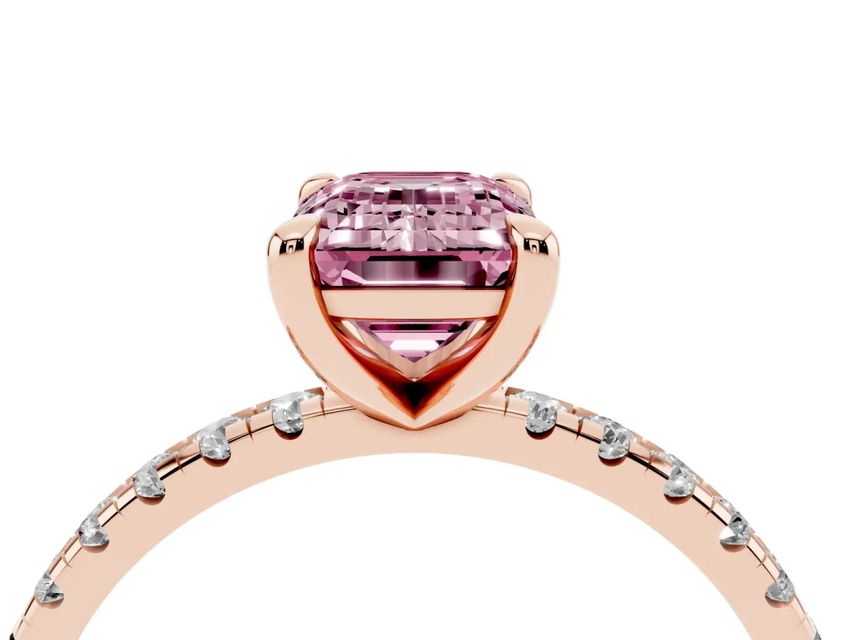 Fancy Pink Emerald Cut Diamond Brilliant Solitaire Ring with Pavé Band and Four-Prong Setting Rose gold
