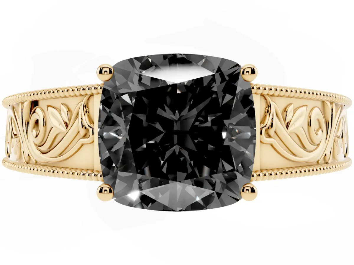 Fancy Black Cushion Cut Diamond Solitaire Ring with Engraved Band and Four-Prong Setting Yellow gold