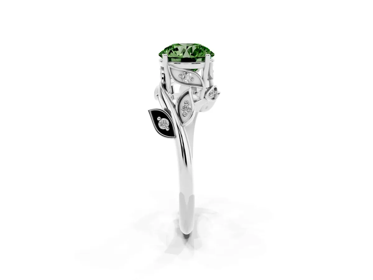 Fancy Green Round Cut Solitaire Twist Engagement Ring with Leaf Accents and Prong Setting Silver
