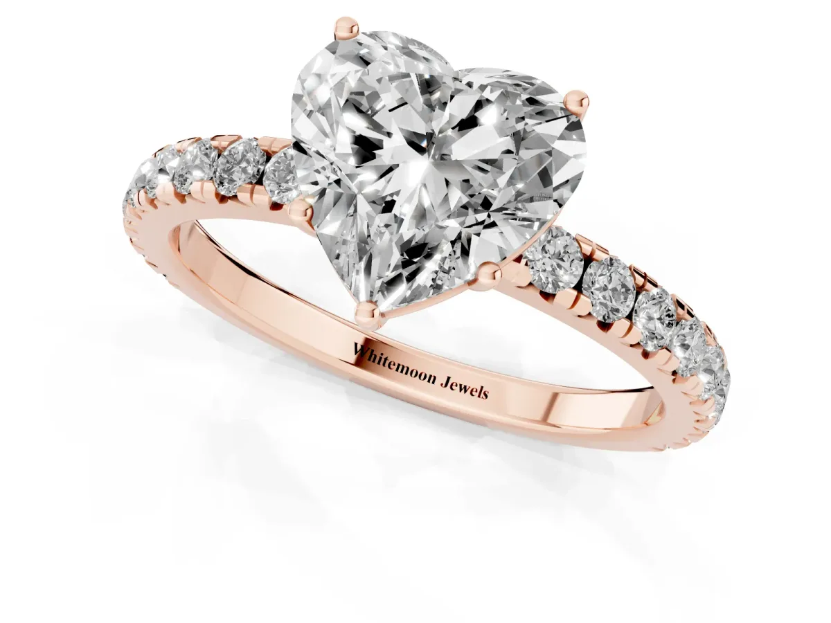 Heart Cut Diamond Pavé Solitaire Engagement Ring with Four-Prong Setting Rose gold