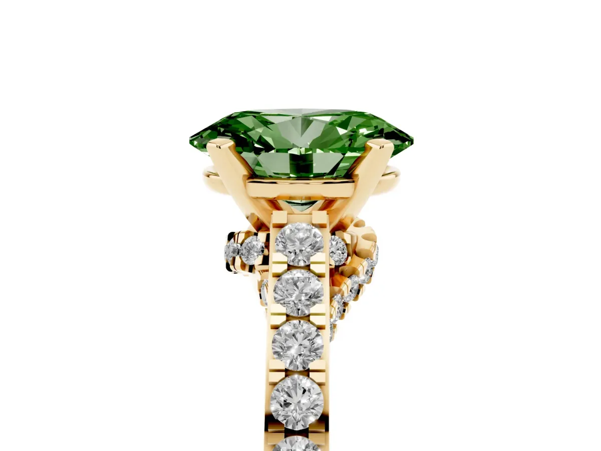 Fancy Green Oval Cut Diamond Solitaire Ring with Crossover Gallery and Round Pavé Band Yellow gold