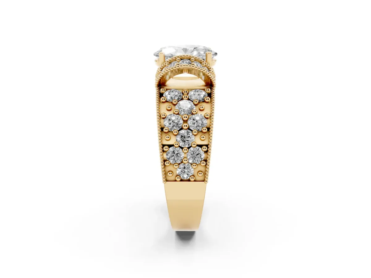 Oval Cut Halo Pave Diamond Engagement Ring with Milgrain Detailing Yellow gold
