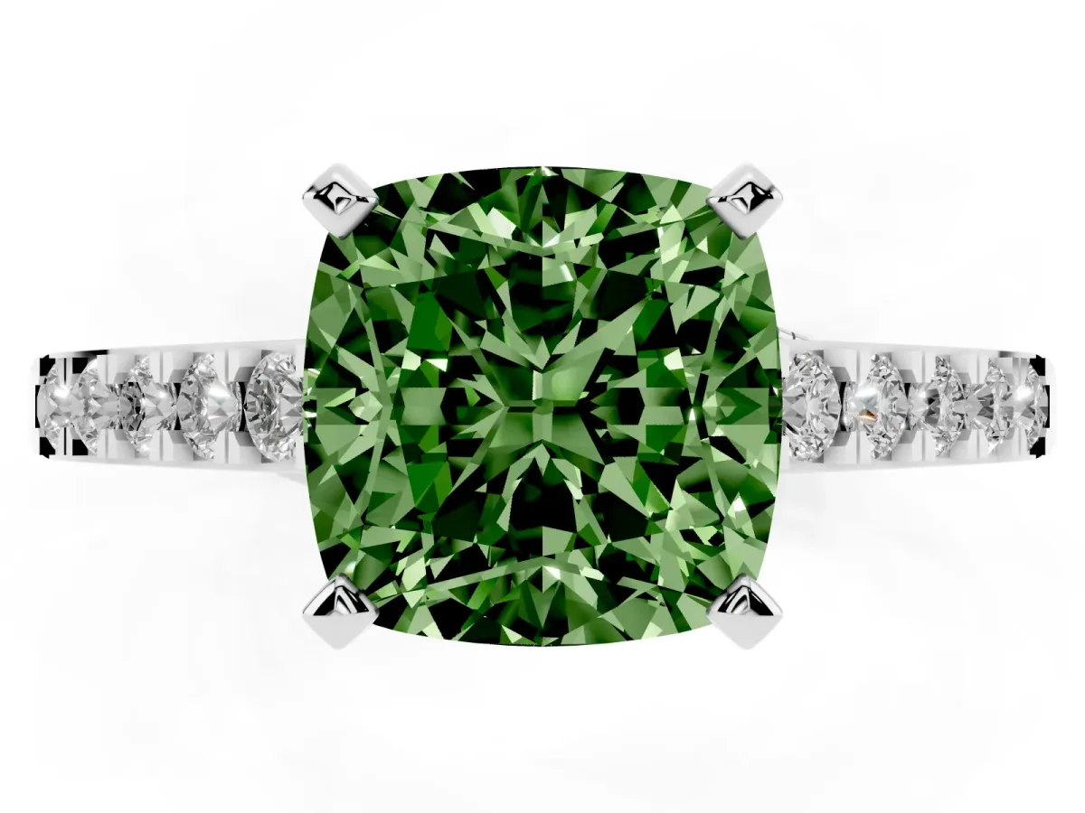 Fancy Green Cushion Cut Diamond Solitaire Ring with Crossover Gallery and Round Pavé Band Platinum