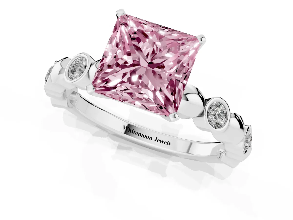 Fancy Pink Princess Cut Solitaire Bezel-Set Diamond Ring with Beaded Band and Four-Prong Setting White gold