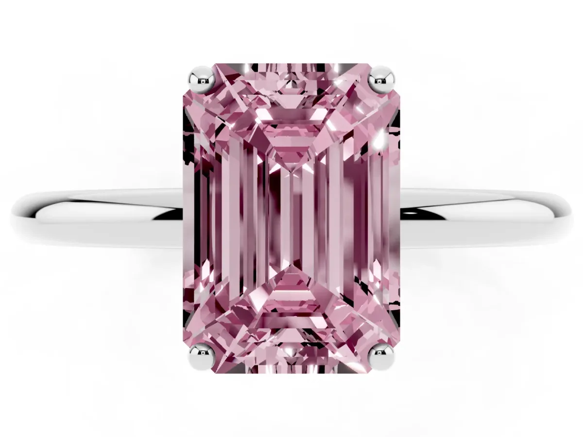 Fancy Pink Emerald Cut Solitaire Diamond Ring with a Classic Band and Four-Prong Setting Silver