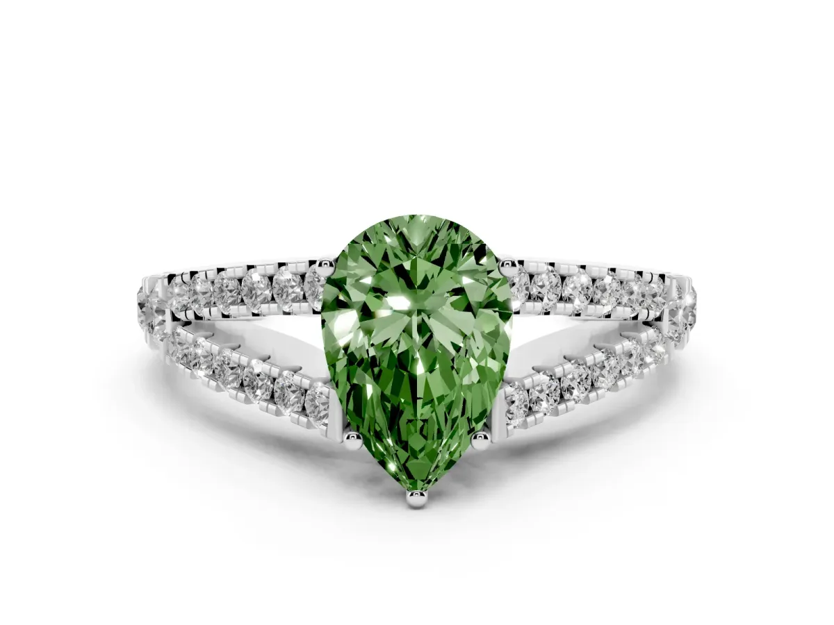 Fancy Green Pear Cut Diamond Split Shank Pavé Engagement Ring with Four-Prong Setting Platinum