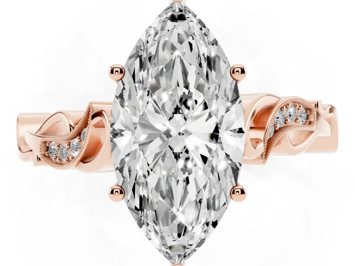 Marquise Cut Solitaire Vine Band with Milgrain Prong Setting Rose gold