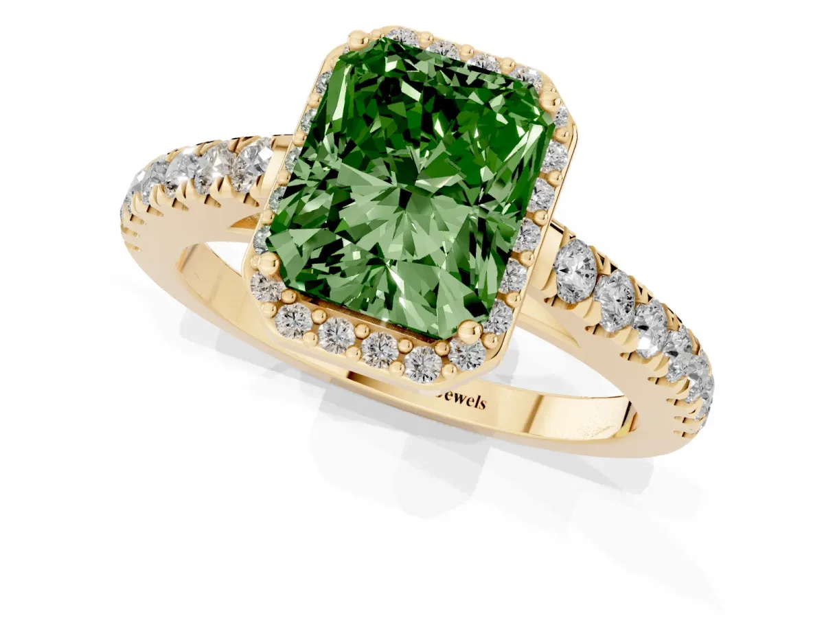 Fancy Green Radiant Cut Cut Halo Diamond Engagement Ring with Pave Band and Four-Prong Setting Yellow gold
