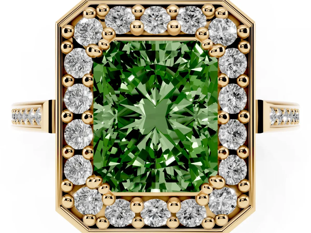 Fancy Green Radiant Cut Diamond Halo Ring with Split Shank and Four-Prong Setting Yellow gold
