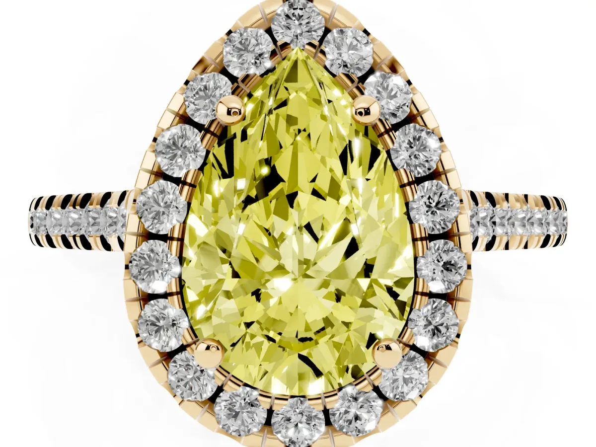 Fancy Yellow Pear Cut Diamond Cushion Halo Ring with Pavé Band Yellow gold