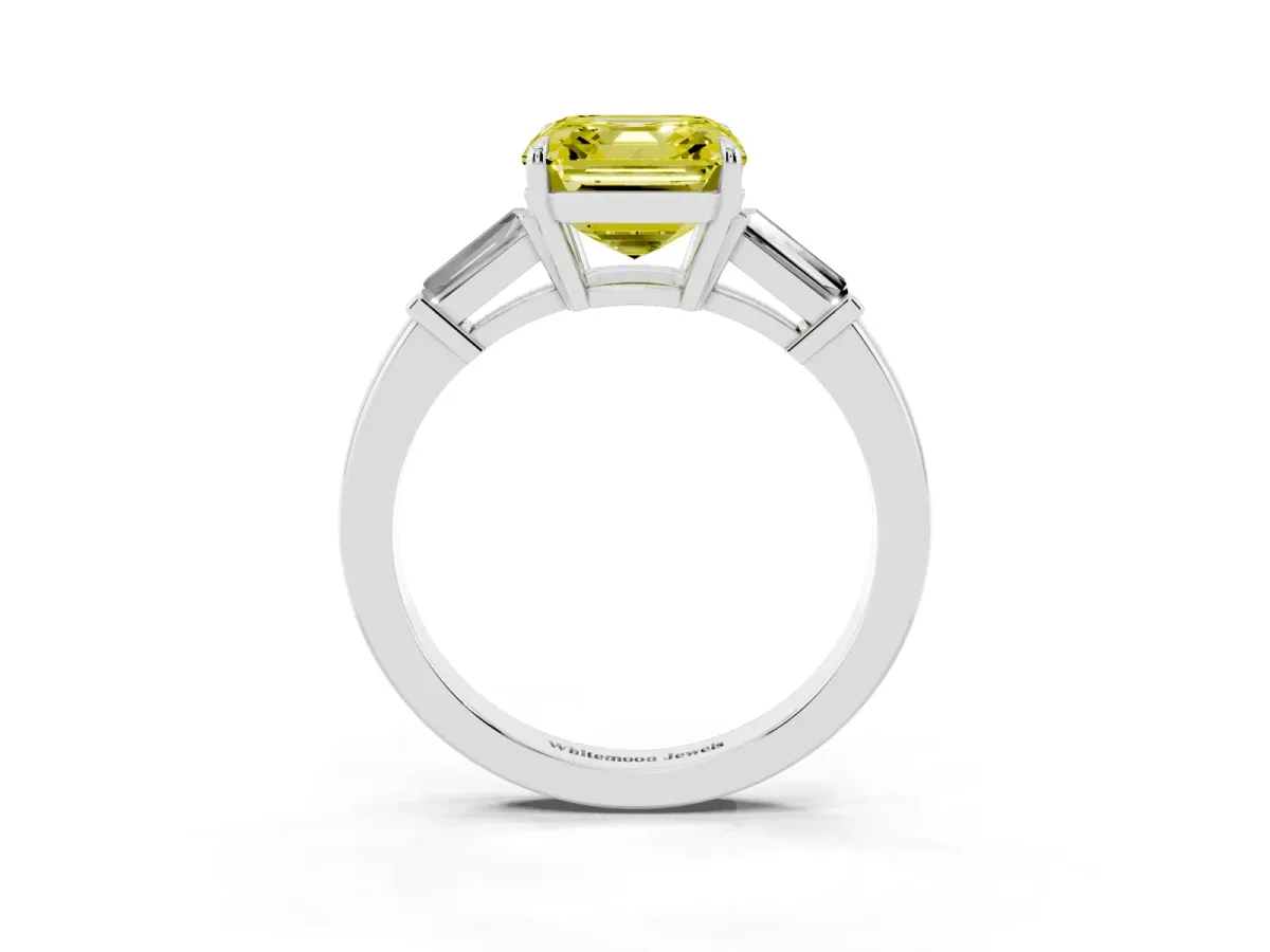 Fancy Yellow Asscher Cut Diamond Three-Stone Ring with Tapered Baguette Side Stones and Prong Setting Silver