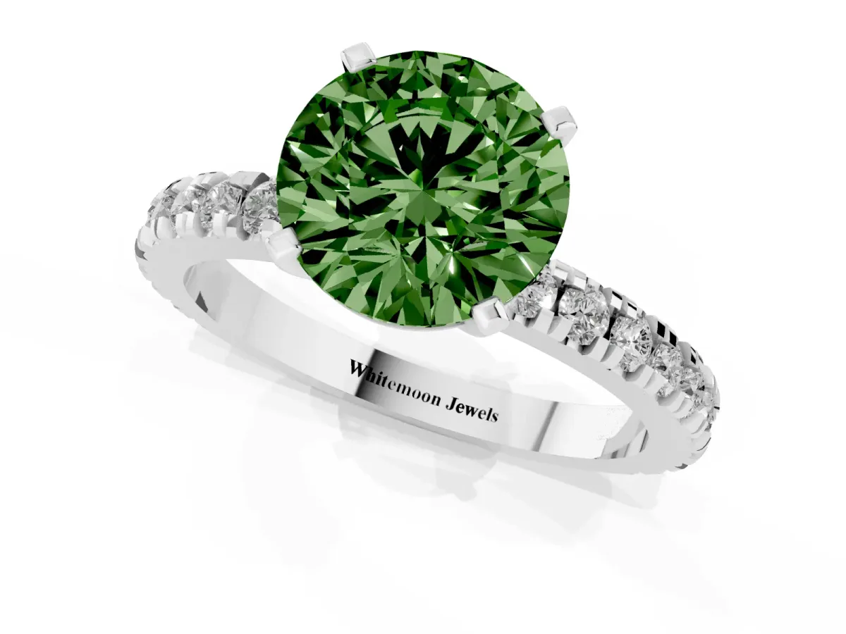 Fancy Green Round Cut Diamond Pavé Band Solitaire with Four-Prong Setting Silver