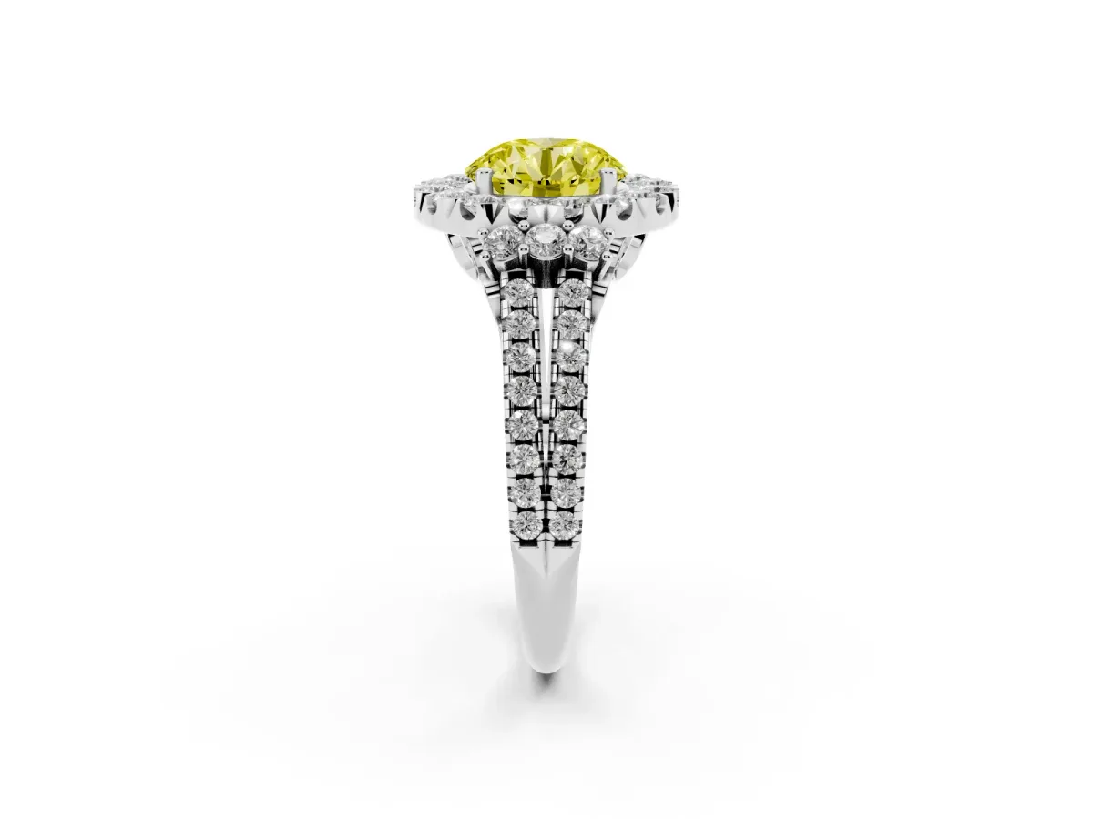 Fancy Yellow Round Cut Cut Double Halo Diamond Engagement Ring with Pave Band and Four-Prong Setting Platinum
