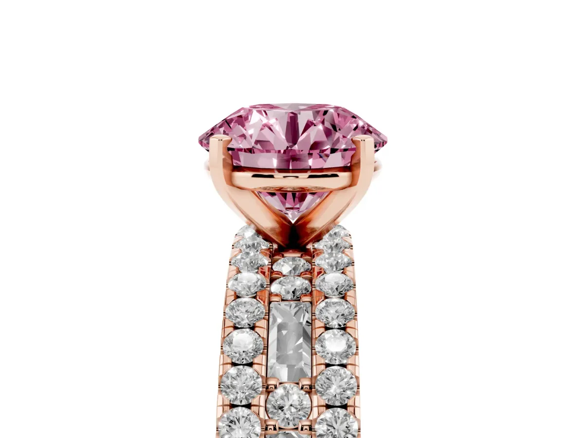 Fancy Pink Round Cut Diamond Solitaire Ring with Pavé and Channel Set Band Rose gold