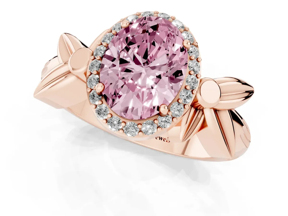 Fancy Pink Oval Cut Halo Diamond Floral Band with Four-Prong Setting Rose gold