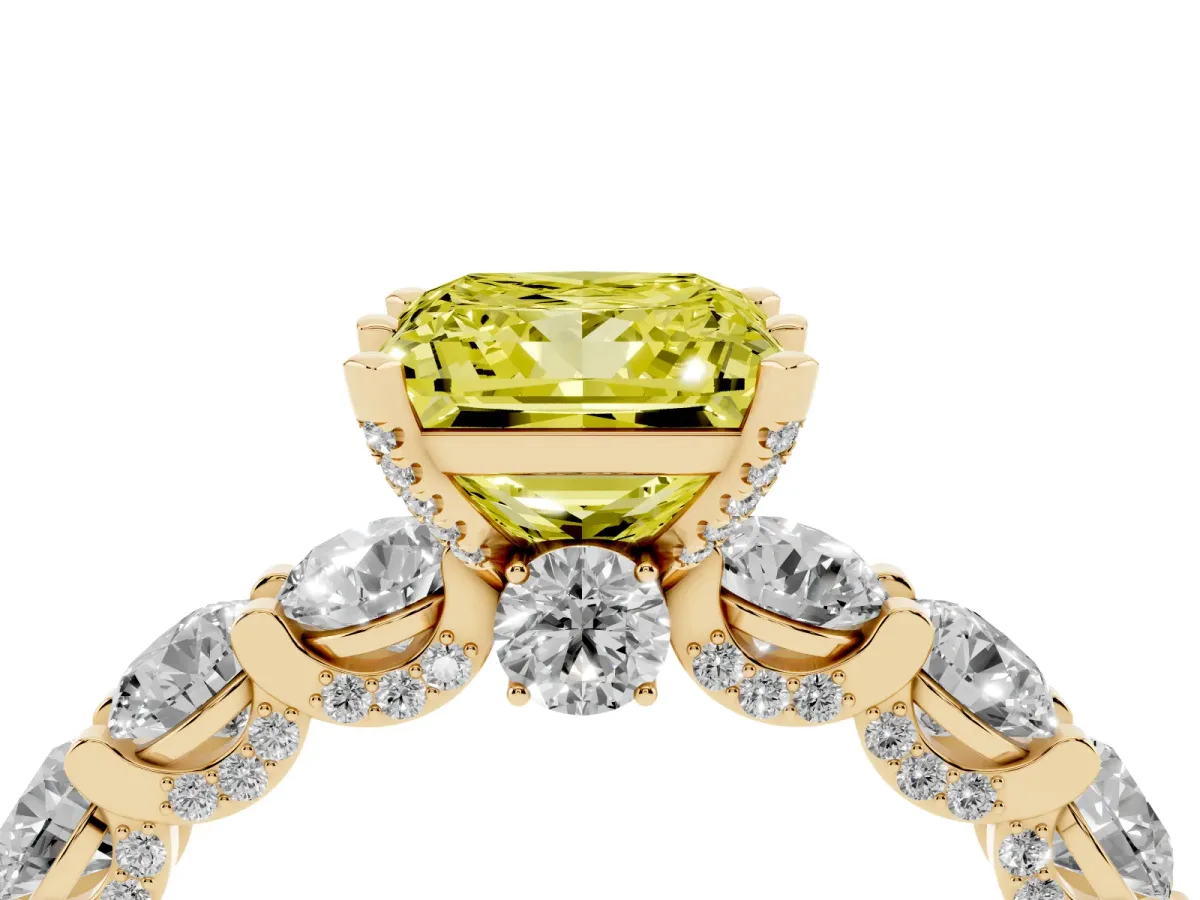 Fancy Yellow Princess Cut Diamond Side Stone Engagement Ring with Four-Prong Setting Yellow gold