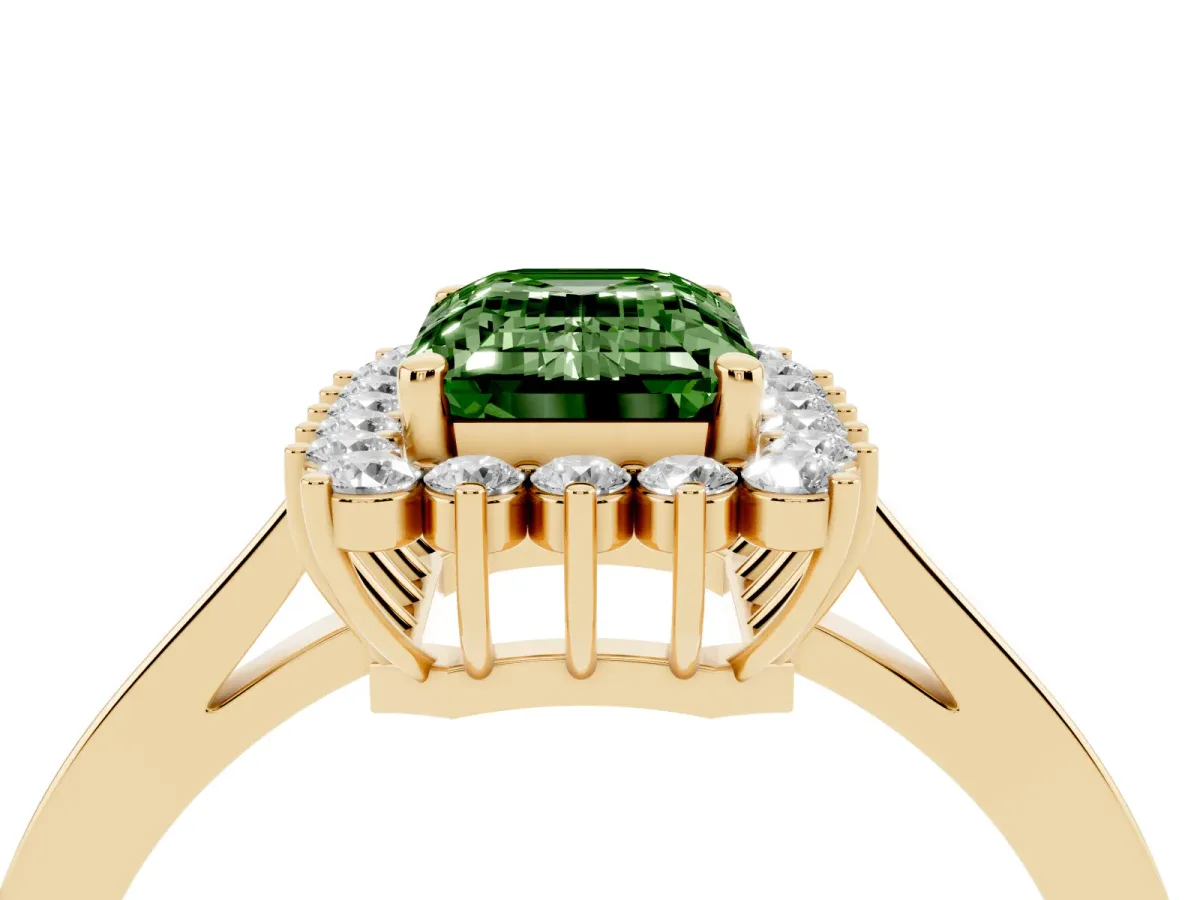 Fancy Green Emerald Cut Cut Diamond Halo Ring with Round Brilliant Halo and Solitaire Band Yellow gold