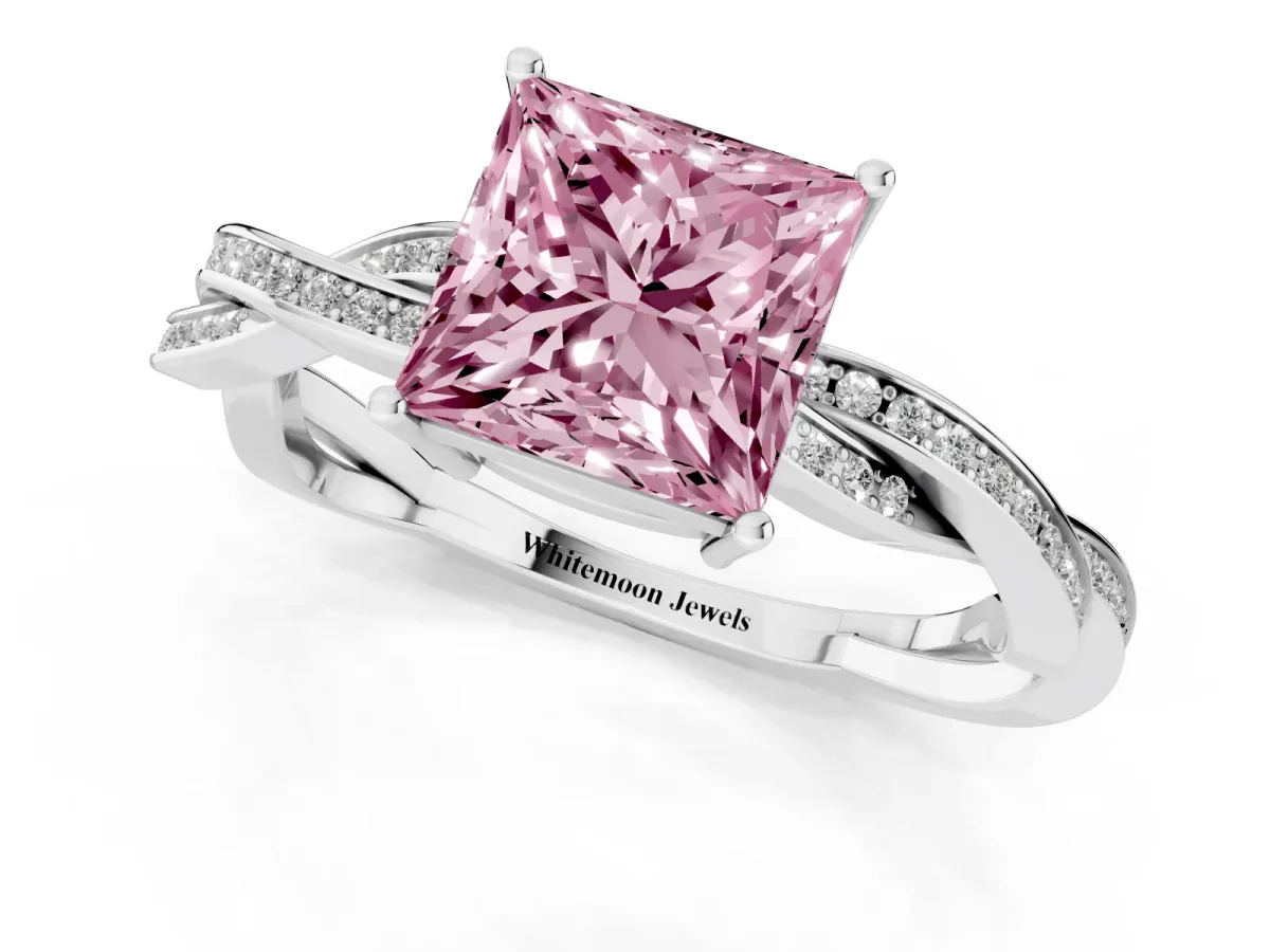 Fancy Pink Princess Cut Solitaire Twisted Pave Diamond Ring with Four-Prong Setting Silver