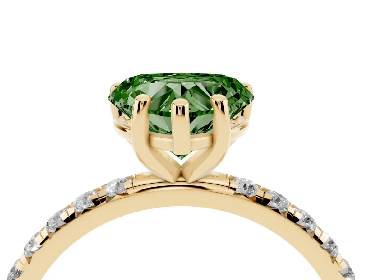 Fancy Green Heart Cut Cut Diamond Solitaire Ring with Micro Pave Band and Four Prong Setting Yellow gold