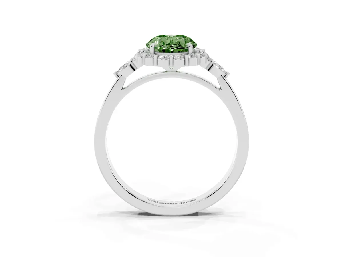 Fancy Green Oval Cut Diamond Halo Ring with Pear Side Stones and Prong Setting Silver