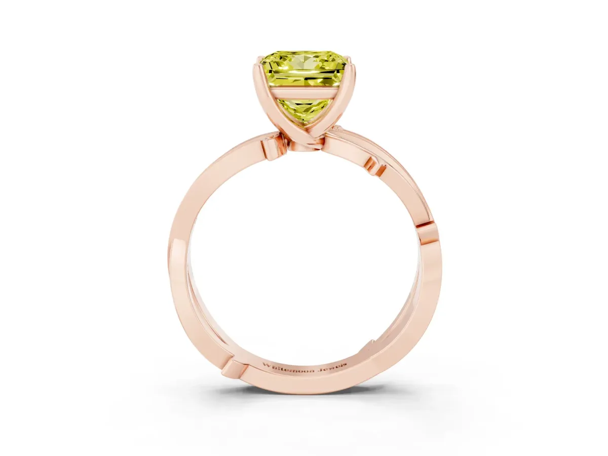 Fancy Yellow Princess Cut Solitaire Twist Band with Pavé Accents and Four-Prong Setting Rose gold