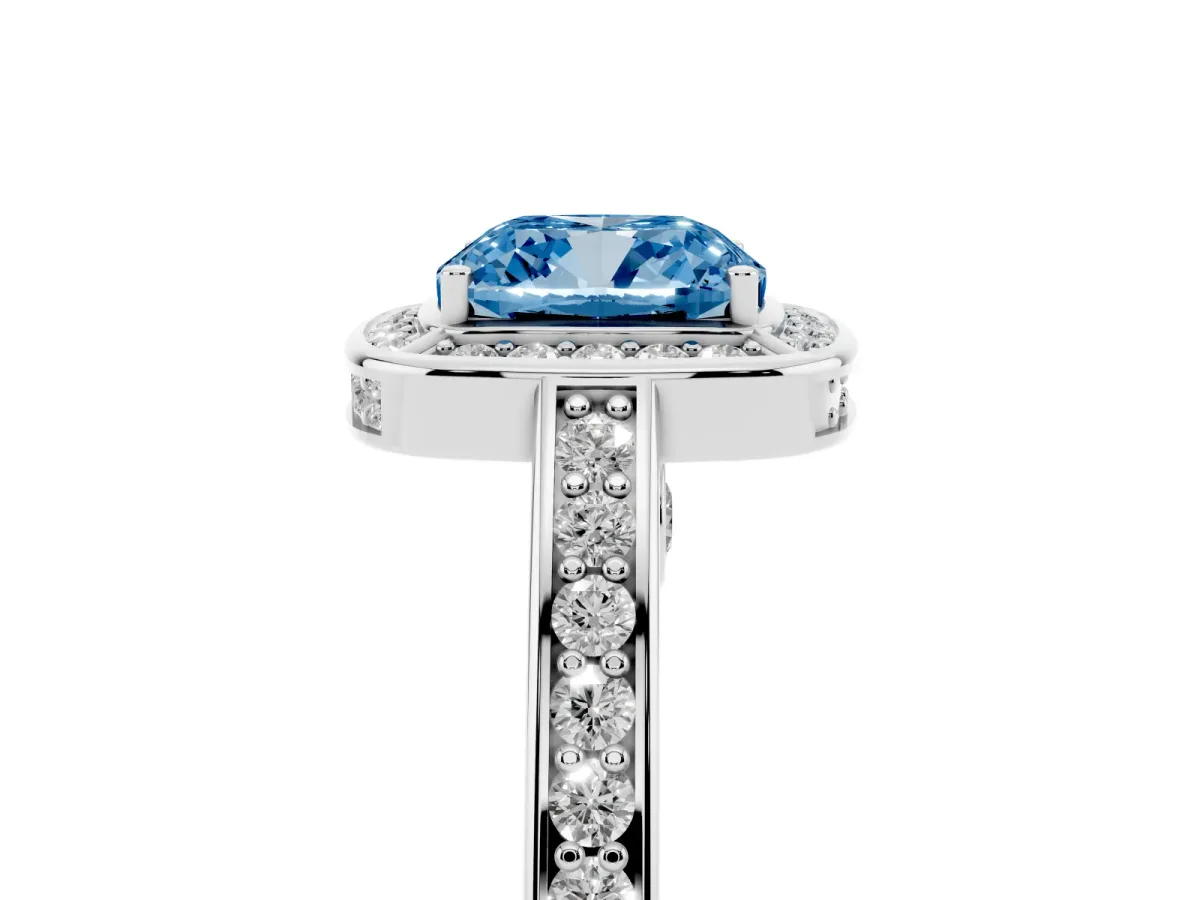 Fancy Blue Cushion Cut Cut Halo Pave Split Shank Prong Setting Ring Platinum