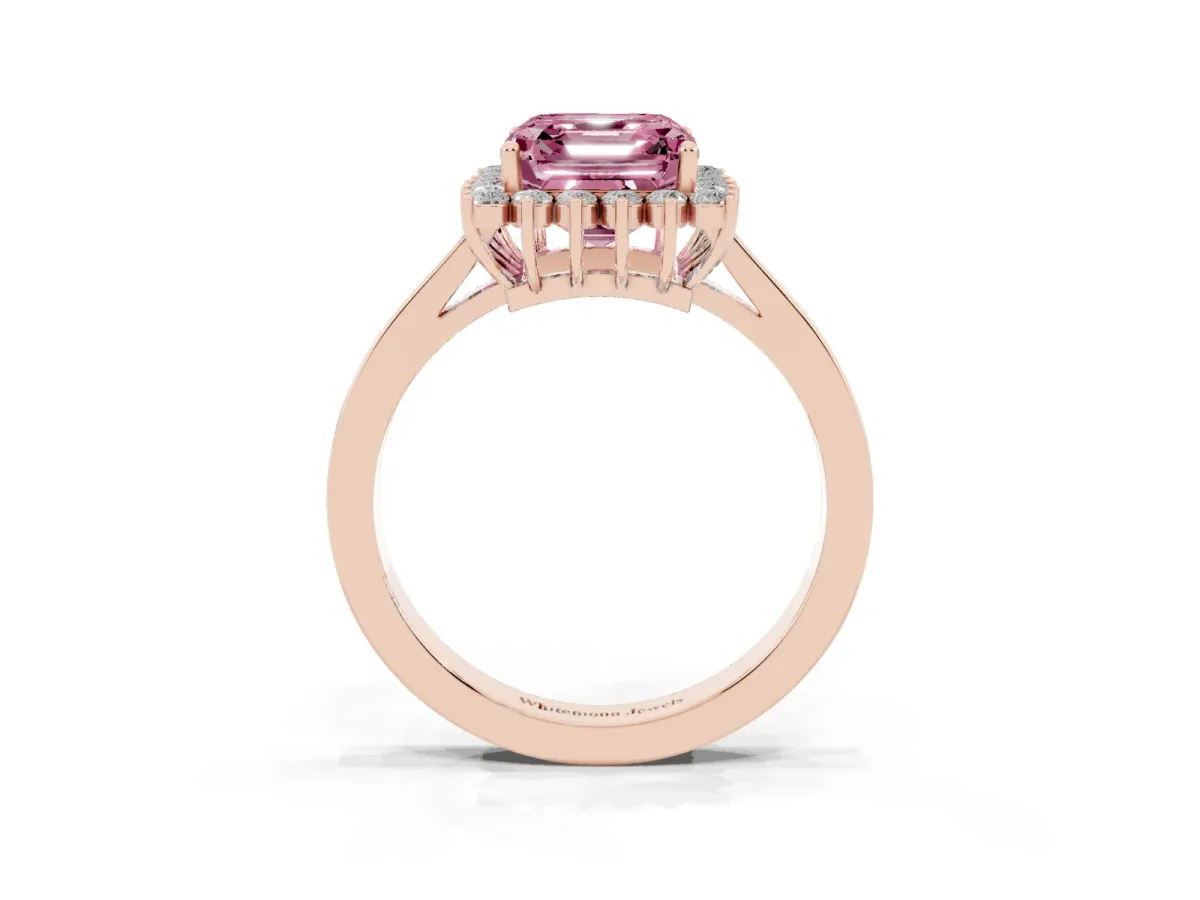 Fancy Pink Asscher Cut Cut Diamond Halo Ring with Round Brilliant Halo and Solitaire Band Rose gold